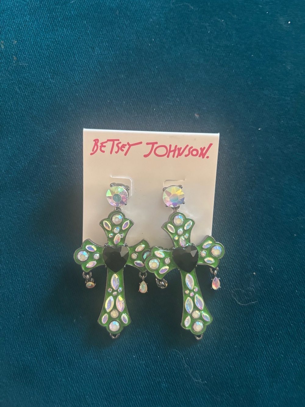 Betsey Johnson Green Cross Heart Drop Earrings with Iridescent Crystals